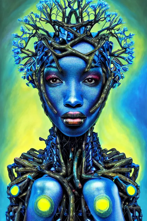 Image similar to hyperrealistic deconstructed super expressive! black woman with exoskeleton armor, merging with tree in a forest, highly detailed digital painting masterpiece smooth cam de leon hannah yata dramatic pearlescent blue yellow light ground angle hd 8k sharp focus