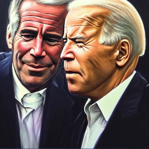 Image similar to Beautiful face Portrait of Jeffrey Epstein and Joe Biden drinking together, powerful , magic, thunders, dramatic lighting, intricate, wild, highly detailed, digital painting, artstation, concept art, smooth, sharp focus, illustration, art by artgerm and greg rutkowski and alphonse mucha, footage from space camera