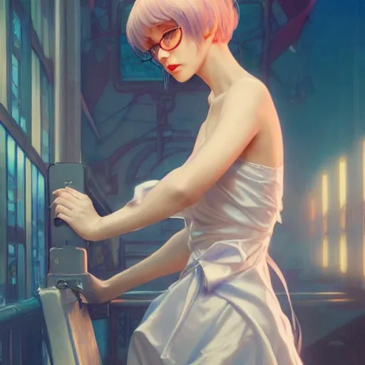 Image similar to a vivid hyperrealistic render of Rei Ayanami wearing silk dress, by Artgerm,Greg Rutkowski,Alphonse Mucha, Beautiful dynamic lighting,shadows,cinematic atmosphere,Artstation,concept design art,Octane render,8K