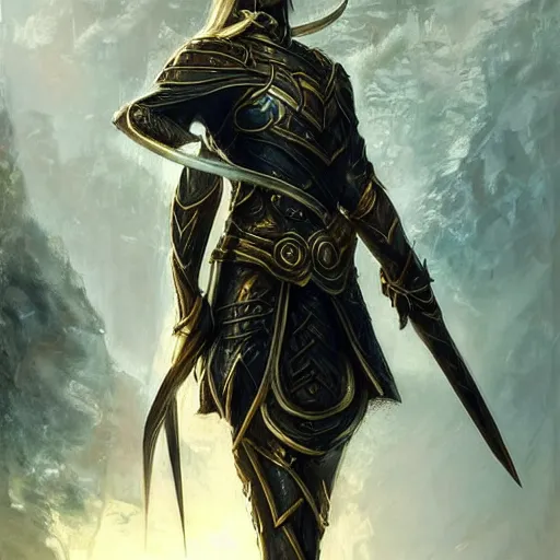 Prompt: standing elf with armor with golden and silver colors of rivendel and a curve long sword, detailed face, epic masterpiece of cinematographic hyperrealism, realistic shaded lighting poster by craig mallismo, artgerm, jeremy lipkin and michael garmash, unreal engine, radiant light, detailed and intricate environment, digital art, art station trends