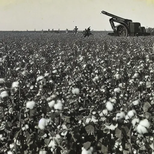 Image similar to robots working in the cotton field , 1824 , old photograph , 4k , HD