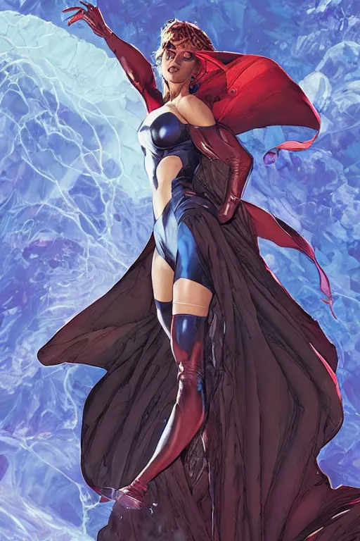 Image similar to portrait of the cavansite worm sentinel wearing Trinn's cape by artgerm and Craig Mullins, James Jean, Andrey Ryabovichev, Mark Simonetti and Peter Morbacher 16k