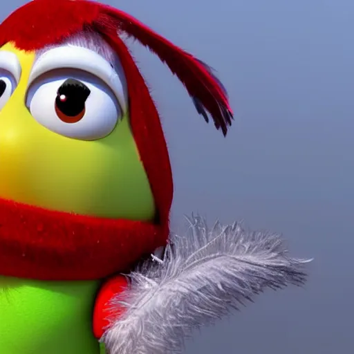 Image similar to cute bird character wearing a sweater, Disney Pixar, in the style of claymation, high detail, detailed feathers and fur, 3d render