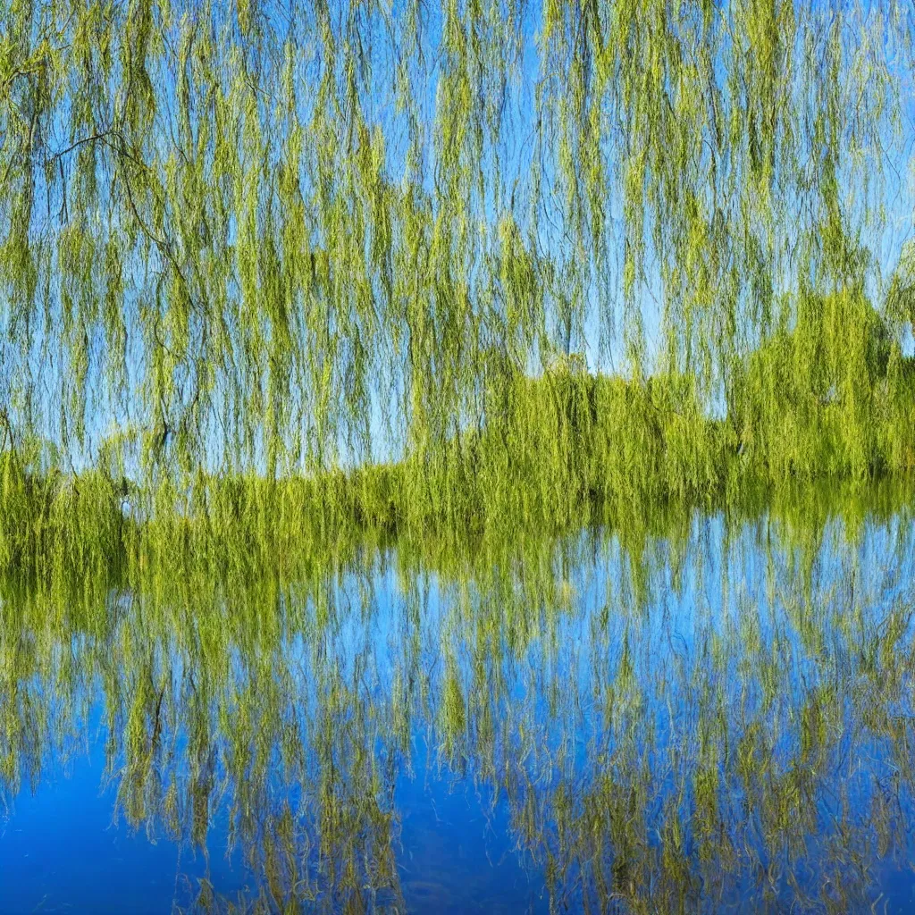 Image similar to beautiful pond seen at water level willow trees and blue sky reflecting in the water