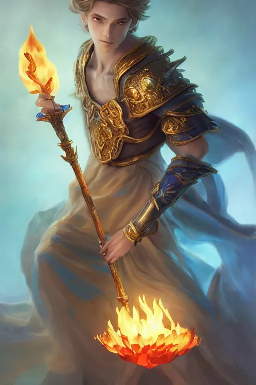 Image similar to legendary fairy prince hold flame staff, blue energy, highly detailed, d & d, fantasy, highly detailed, digital painting, trending on artstation, concept art, sharp focus, illustration, global illumination, ray tracing, realistic shaded, art by artgerm and greg rutkowski and fuji choko and viktoria gavrilenko and hoang lap