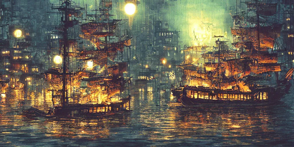 Image similar to cruiser sailing on flooded miniature kowloon city at night, raining, misty, art by yoshitaka amano, and artgerm, pixel art