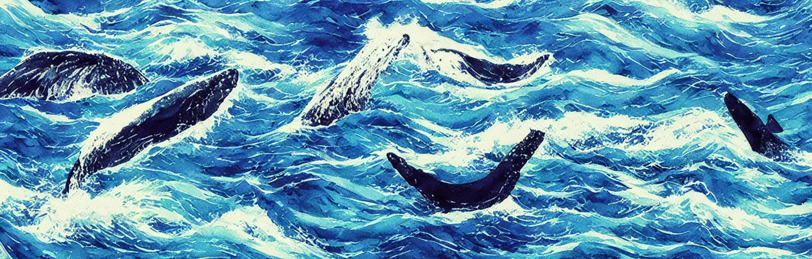 Prompt: whales in the ocean, aesthetically pleasing composition, watercolor painting by hayao miyazaki and vincent van gogh and national geographic, masterful, sharp focus, rich texture, rich vivid color, dynamic, energetic, lively, perspective, elegant design, high detail, hdr.