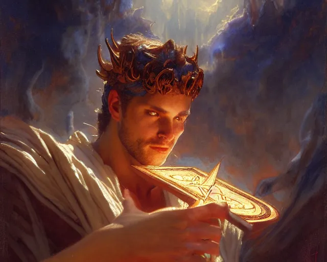 Image similar to attractive male deity, casting demonic magic, summoning handsome lucifer morning star. highly detailed painting by gaston bussiere, craig mullins, j. c. leyendecker 8 k