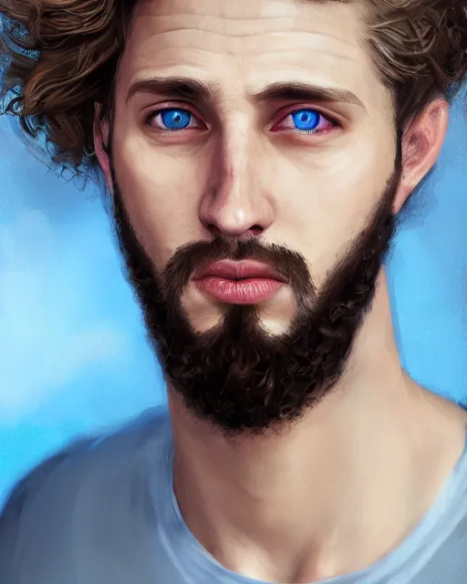 Image similar to portrait of a man in his mid - twenties with dull blue eyes, curly blond hair, short goatee, ultra realistic, epic, highly detailed, hd, sharp focus, cinematic lighting, realistic, dreamy, vivid colors, dreary, morose, matt painting, digital art, non blurry, sharp, artstation, concept art, smooth, illustration