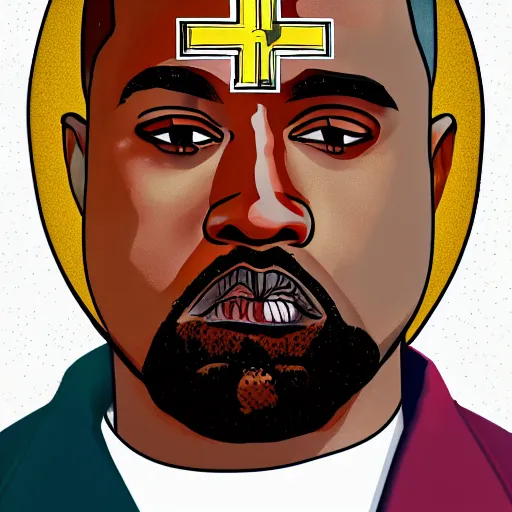 Image similar to illustration gta 5 artwork of holy saint kanye west, golden cross, in the style of gta 5 loading screen, by stephen bliss