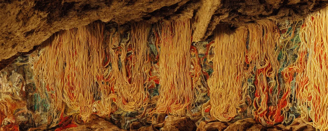 Prompt: wide shot spaghetti paintings on a cave wall, archaic, fine detail,