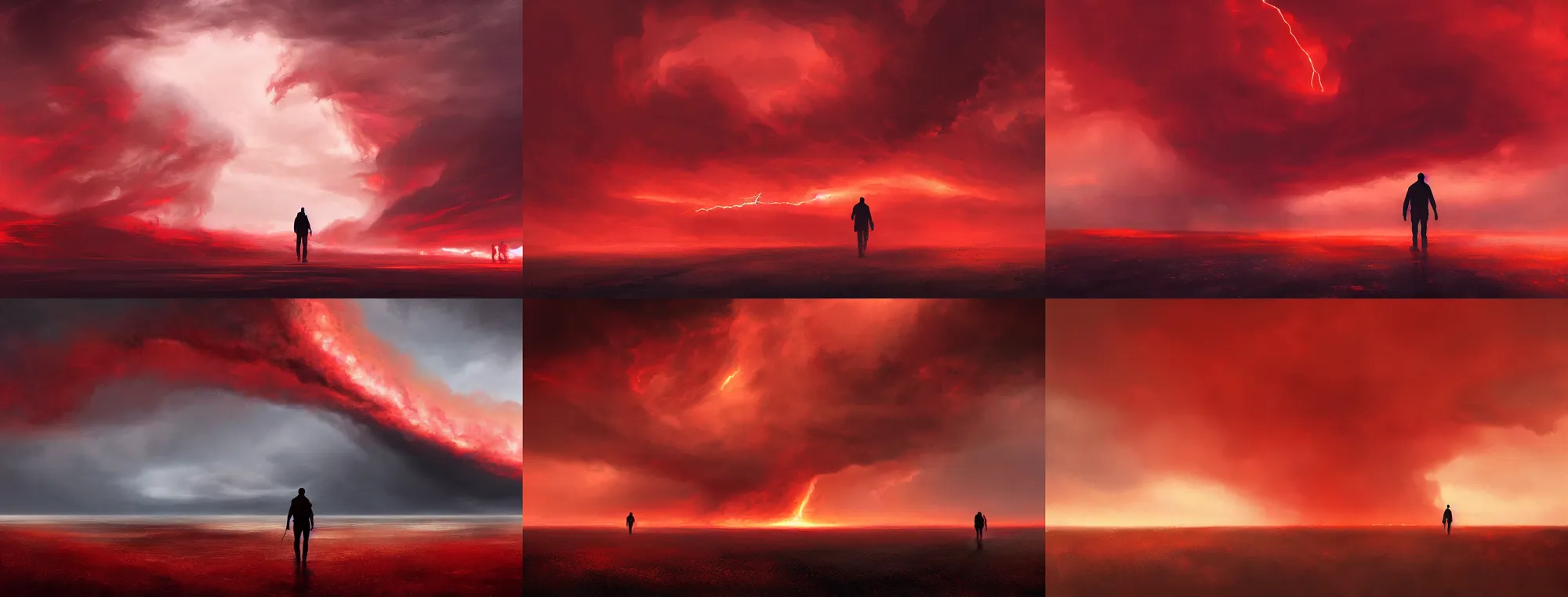 Prompt: silhouette of man walking away, circular, vortext, tornado, raging storm, very wide angle, low horizon, seen from behind, symmetry, dramatic, red, fire, ( land ), by greg rutkowski, artstation