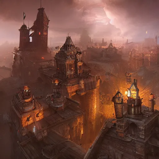 Prompt: a sprawling steampunk fortress, explosive storm, extremely detailed, behrens style, unreal 5 render, fantasy digital art, octane render, beautiful composition, trending on artstation, award - winning photograph, masterpiece