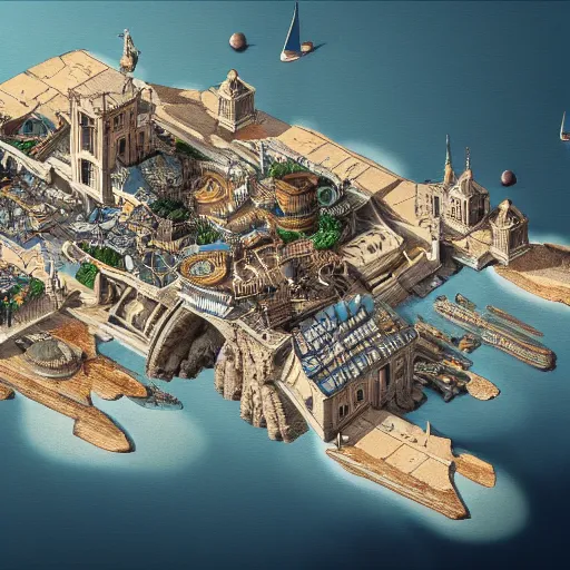 Prompt: French renaissance inspired steampunk coastal city, axonometric exploded view, high detail, 8k, photorealistic