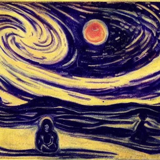 Prompt: Liminal space in outer space by Edvard Munch