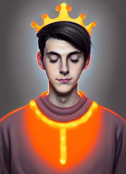 Image similar to portrait of teenage jughead jones wearing a light grey crown, symmetrical crown, hamburger background, eyes closed, crown, black hair, orange, intricate, elegant, glowing lights, warm lighting, highly detailed, digital painting, artstation, concept art, smooth, sharp focus, illustration, art by wlop, mars ravelo and greg rutkowski