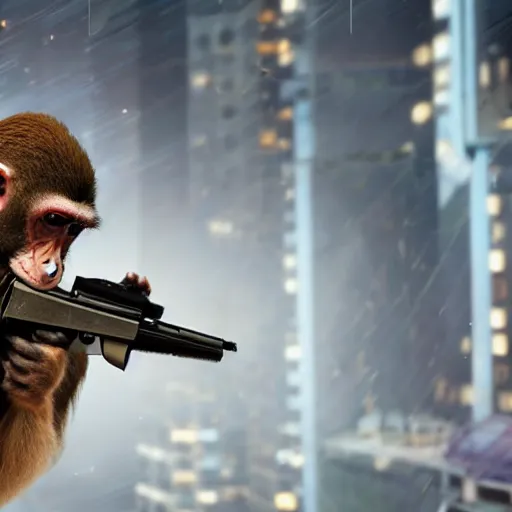 Image similar to a monkey with a revolver in his hands, real life photo, 4 k, cyberpunk, highly detailed, sharp focus - h 8 0 0