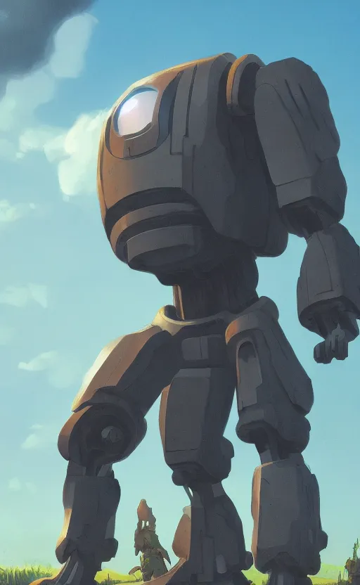 Image similar to iron giant standing near his farm, dynamic lighting, photorealistic fantasy concept art, trending on art station, stunning visuals, creative, cinematic, ultra detailed