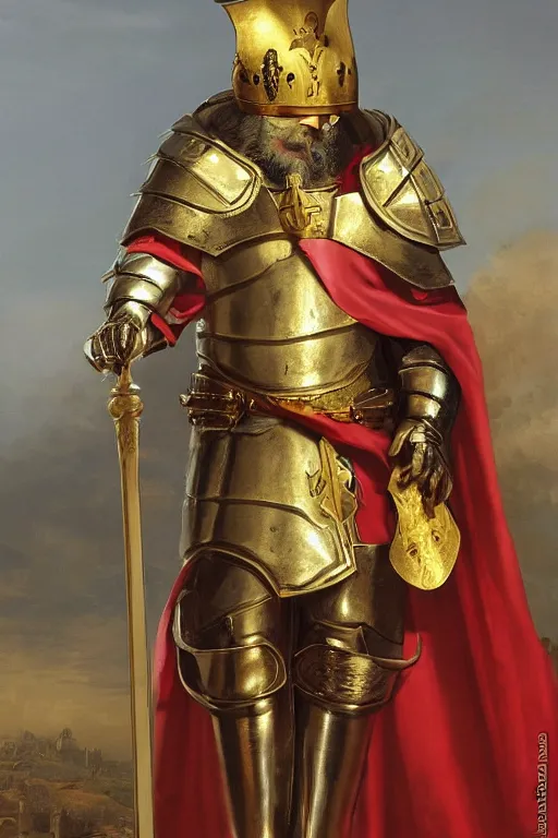 Image similar to man in decorated with gold in baroque style crusader armor, helmet and white cape with cross on it holding decorated with gold sword on it standing at the gates of jerusalem drawn by greg rutkowski realistic high detail