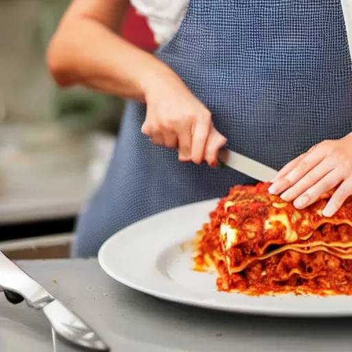 Prompt: woman cutting a lasagna in pieces