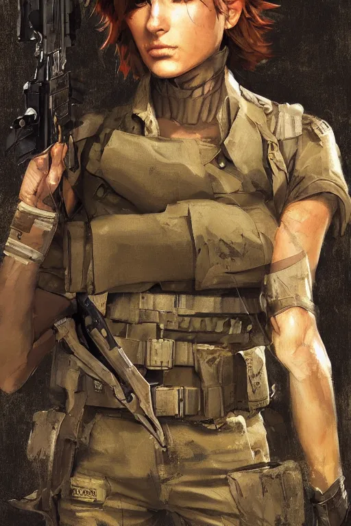 Image similar to mgs solid snake as a woman, full body military outfit, army boots, pouches, full body concept art, khaki color, oil painting, sunlit, paint texture, digital painting, highly detailed, artstation, sharp focus, illustration, concept art, ruan jia, charlie bowater, tom bagshaw, norman rockwell