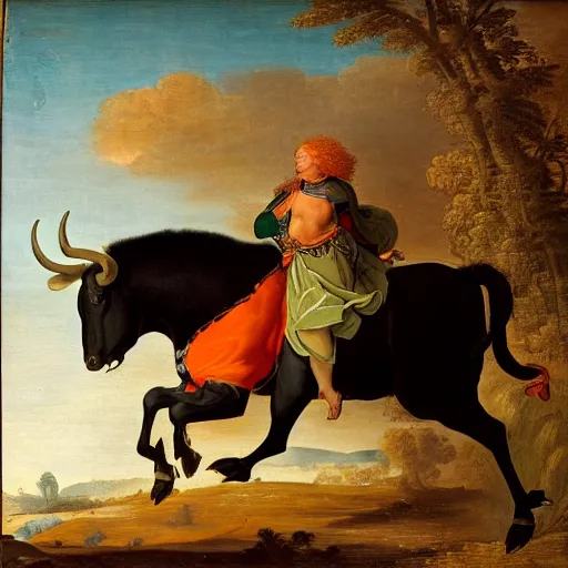 Image similar to photograph of a black man with afro hair wearing an army green cloak, riding!!! an orange colored bull!!!, renaissance style painting