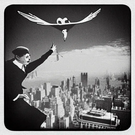 Prompt: “ a winged Charlie Chaplin flying over new york city”