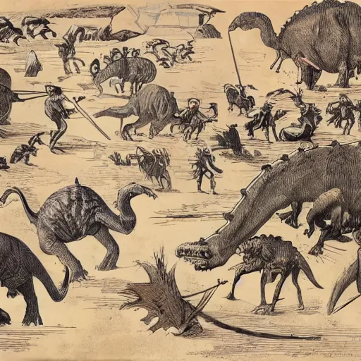 Image similar to A large dinosaur! fighting with several realistic detailed cavemen with proportioned bodies, next to the dinosaur are cavemen, the cavemen are armed with spears, the caveman are in a fighting stance, the cavemen are wearing animal furs, one caveman is stabbing the dinosaur with his spear, one caveman is cowering in fear, coarse canvas, visible brushstrokes, intricate, extremely detailed painting by William Turner (and by Greg Rutkowski)