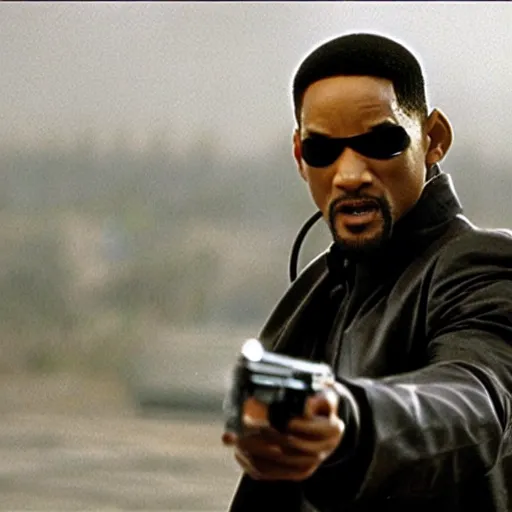 Image similar to movie still of will smith as neo in the matrix