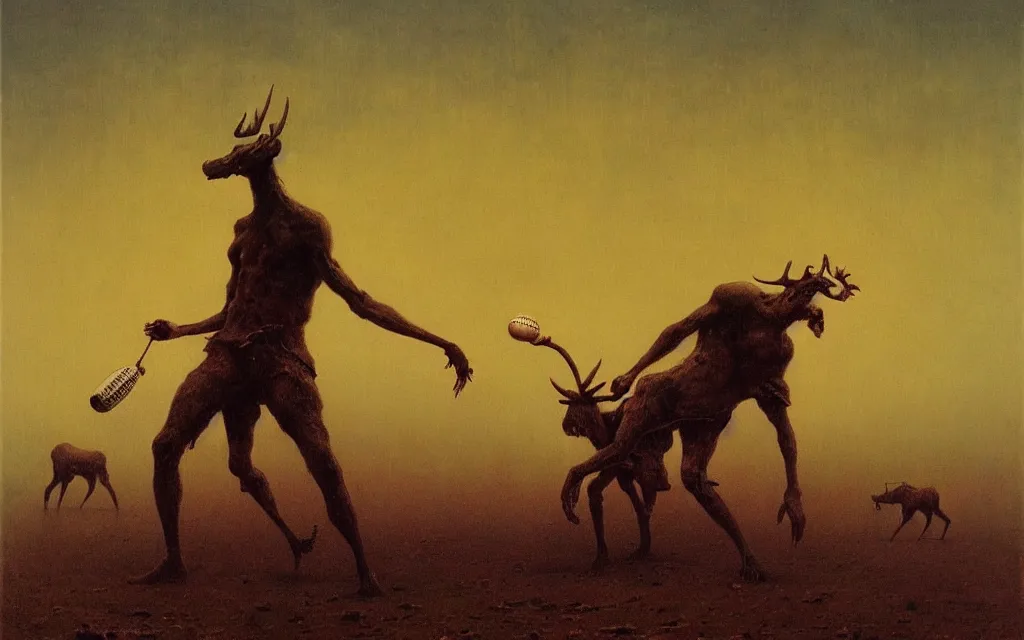 Image similar to painting of a man playing baseball with eldritch moose beings, friendly sports match, by Zdzislaw Beksinski, gothic, amazing details, cold hue's, warm tone gradient background