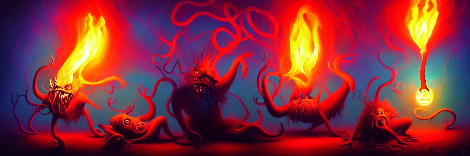 Prompt: whimsical creature freaks from the depths of the collective unconsciouis, dramatic lighting from fire glow, surreal darkly colorful painting by ronny khalil