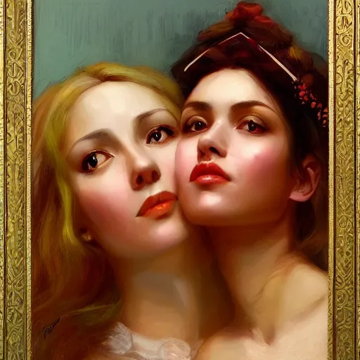 Prompt: Two beautiful queens in illegal marriage, vertical symmetry, warm colors, vintage shading, photorealistic oil painting, by Ilya Repin, artgerm, artstation