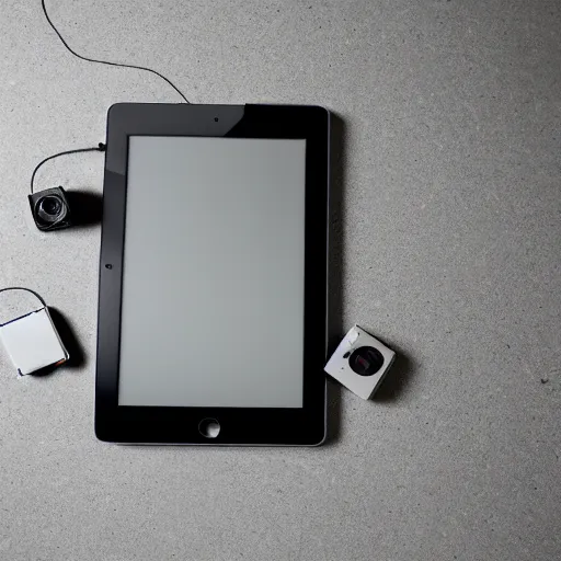 Prompt: a broken ipad lies on the floor, product photography, dslr, rule of thirds, elegant