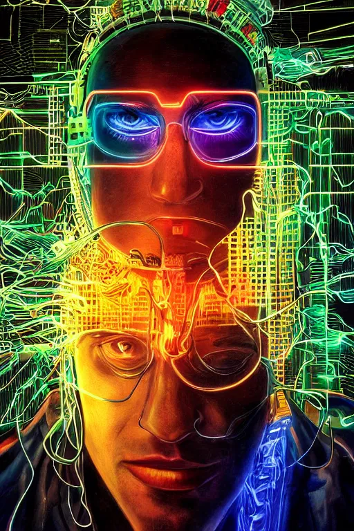 Prompt: stunning highly detailed portrait of a neuromancer hacker with cyber headgear surrounded by wires, neon colors, oil on canvas, strong lighting, by Glenn Fabry, HD, 4K