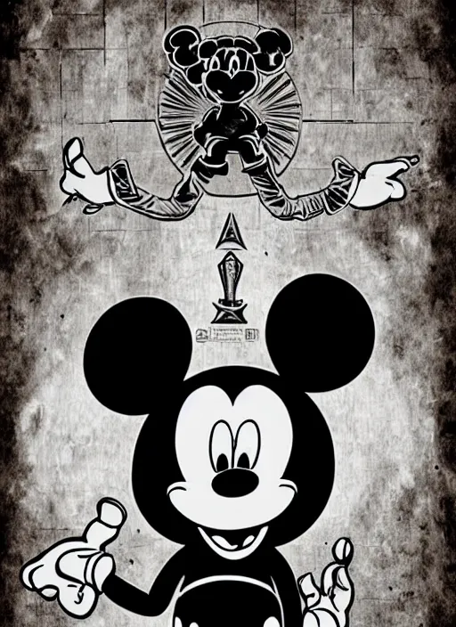 Prompt: Baphomet Mickey Mouse, poster artwork by Derek Riggs