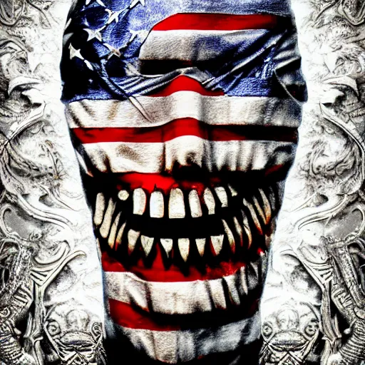 Image similar to billionaire american flag scariest horror nightmare by horiyoshi iii, digital art, deepdream cosmic, 3 d high definition, trending on artstation, photorealistic, high resolution, 8 k, octane, hyper detailed, trending on deviantart insane details, intricate, elite, ornate, elegant trend, highly detailed and intricate, sharp focus, photography, unreal engine