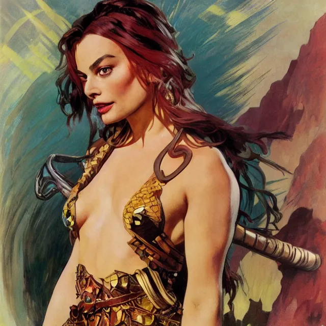 Prompt: an aesthetic!, detailed portrait of margot robbie dressed as a barbarian for marvel studios, action movie still, by frank frazetta and alphonse mucha, oil on canvas, bright colors, art nouveau, epic composition, dungeons & dragons, fantasy art, hd, god rays, ray tracing, crisp contour lines, huhd - 8 k