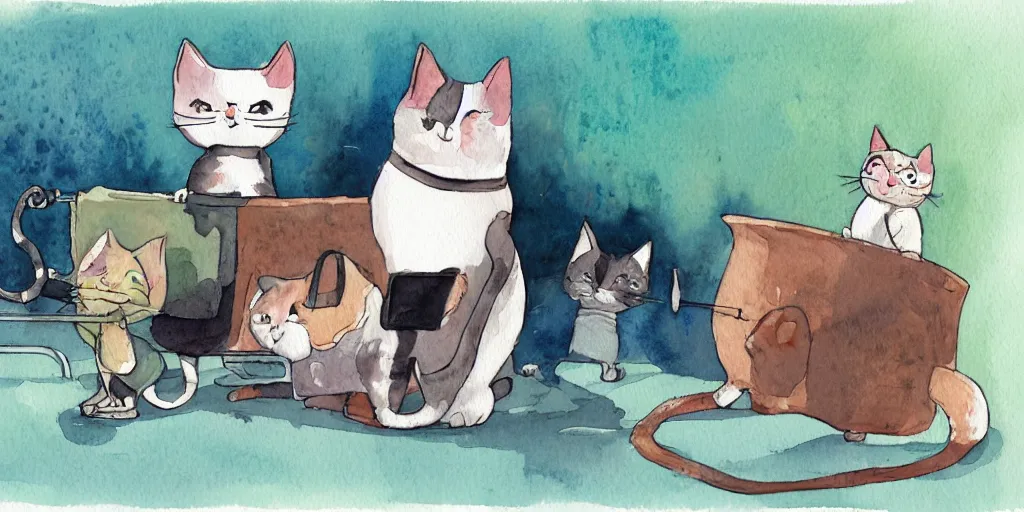 Image similar to watercolor illustration style, cute cat coach training other cats in the fitness studio