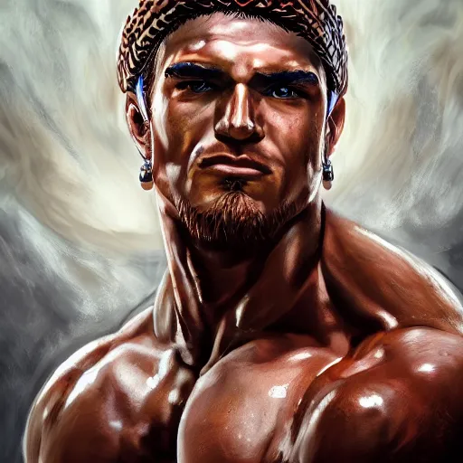 Image similar to handsome portrait of a spartan guy bodybuilder posing, intricate details, trending on artstation, sharp focus, caustics, radiant light, translucence, style of vento aureo cover art, style of stone ocean cover art, style of steel ball run cover art, ilya kuvishinov style, illustrated by hirohhiko araki