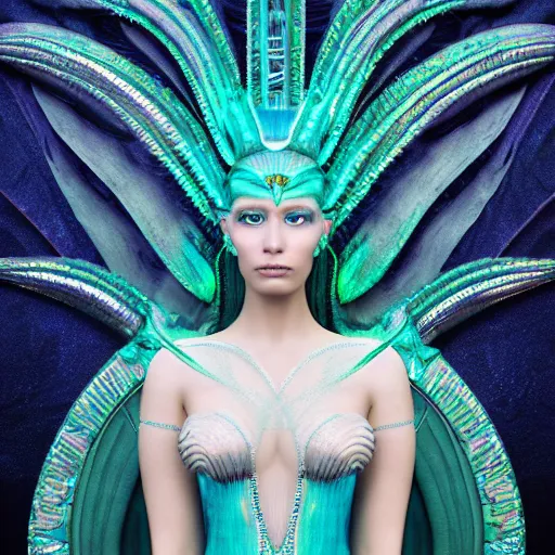 Image similar to unreal engine, octane render, 8 k, sandro botticelli portrait of egyptian sumerian goddess princess intergalactica, nautical siren, queen of heaven, techno mystic goddess, with aqua neon dreadlocks, teal eyebrows encrusted with diamonds, wearing iris van herpen haute couture, star - gate of futurisma,