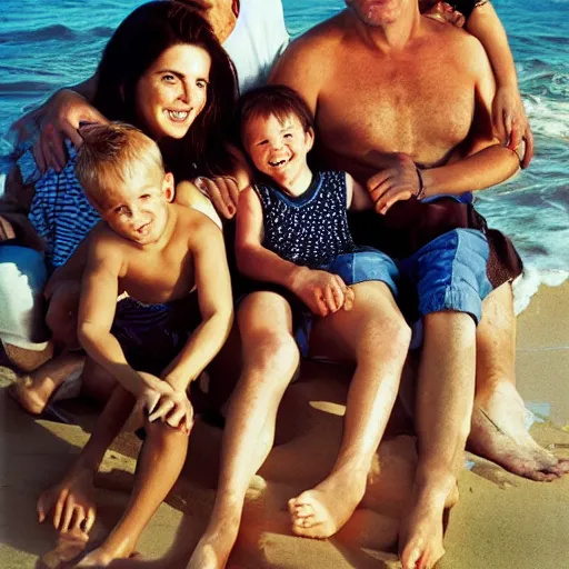 Prompt: portrait of a happy family at the beach fully - clothed, outdoor lighting, realistic, smooth face, perfect eyes, wide angle, sharp focus, high quality, professional photography, photo by annie leibovitz, mark mann, martin schoeller, mario testino, kenneth willardt, corbin gurkin