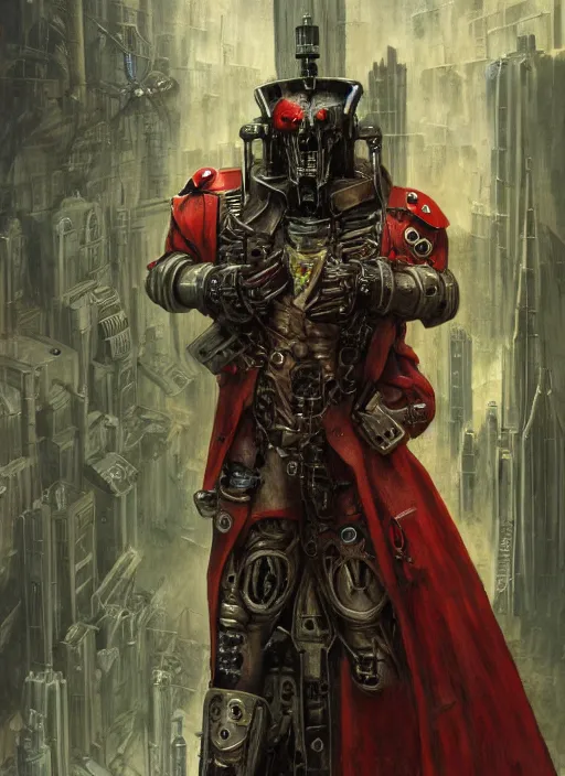 Image similar to portrait of rotten Nicolas Cage as adeptus mechanicus in red hood and robe from Warhammer 40000. Highly detailed, artstation, illustration by and John Blanche and zdislav beksinski and wayne barlowe