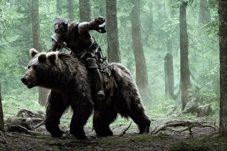 Image similar to vfx movie closeup detailed ancient armored warrior orc hunting riding large bear in the forest, natural lighting by emmanuel lubezki