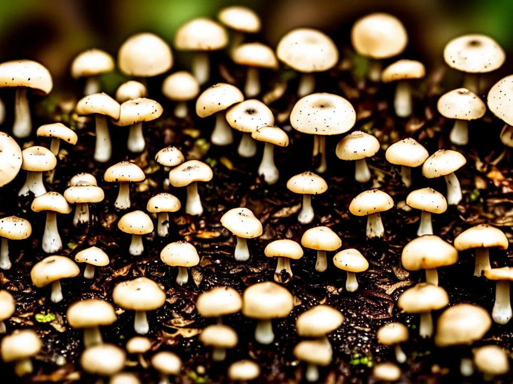 Image similar to macro photo of 1 5 tiny mushrooms in the forest sharp focus