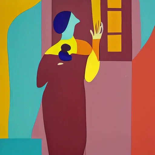 Prompt: A painting of person standing in front of a window, abstract painting in the style of Sophie Taeuber-Arp and Gary Hume and Tatsuro Kiuchi, flat colour-block style, geometric abstraction, dark colours