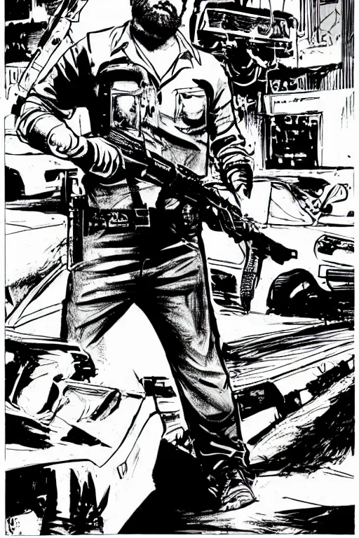 Image similar to billy mays holding a gun, a page from cyberpunk 2 0 2 0, style of paolo parente, style of mike jackson, adam smasher, johnny silverhand, 1 9 9 0 s comic book style, white background, ink drawing, black and white, colouring pages