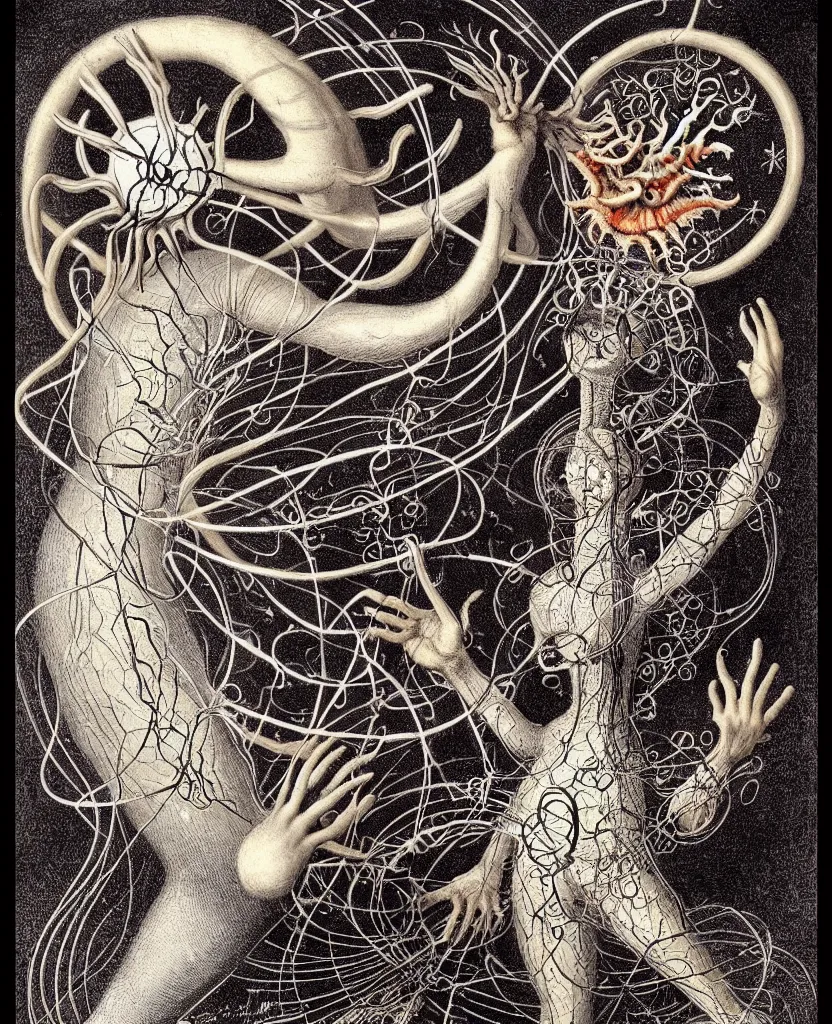 Image similar to whimsical freaky creature sings a unique canto about'as above so below'being ignited by the spirit of haeckel and robert fludd, breakthrough is iminent, glory be to the magic within, painted by ronny khalil