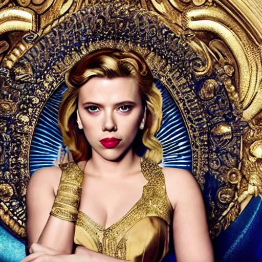 Prompt: scarlett johansson dressed as a greek goddess in front of a ring of sapphire rose ring, ornate gold border, vignette, warm tri - color, subtle chromatic aberration, painted by francis goya