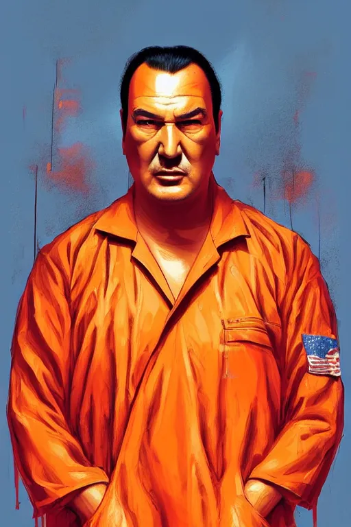 Image similar to portrait of sad steven seagal wearing orange prison jumpsuit, prison jumpsuit, digital painting, artstation, concept art, smooth, sharp focus, illustration, whimsical background by marc simonetti, artwork by liam wong, patriotic!