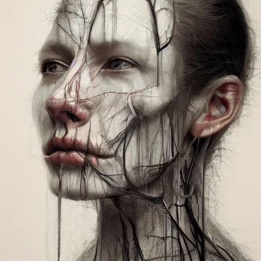 Prompt: masterpiece portrait woman, bones and veins, marco mazzoni, zdzislaw beksinksi